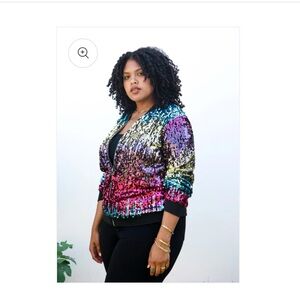 Glam Retro Multicolor Rainbow Sequin Bomber Jacket, Sz 2x, Disco Rollerskating